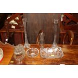 A pair of glass spill vases; a glass jelly mould;