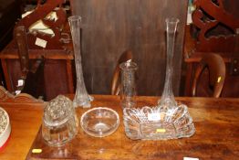A pair of glass spill vases; a glass jelly mould;