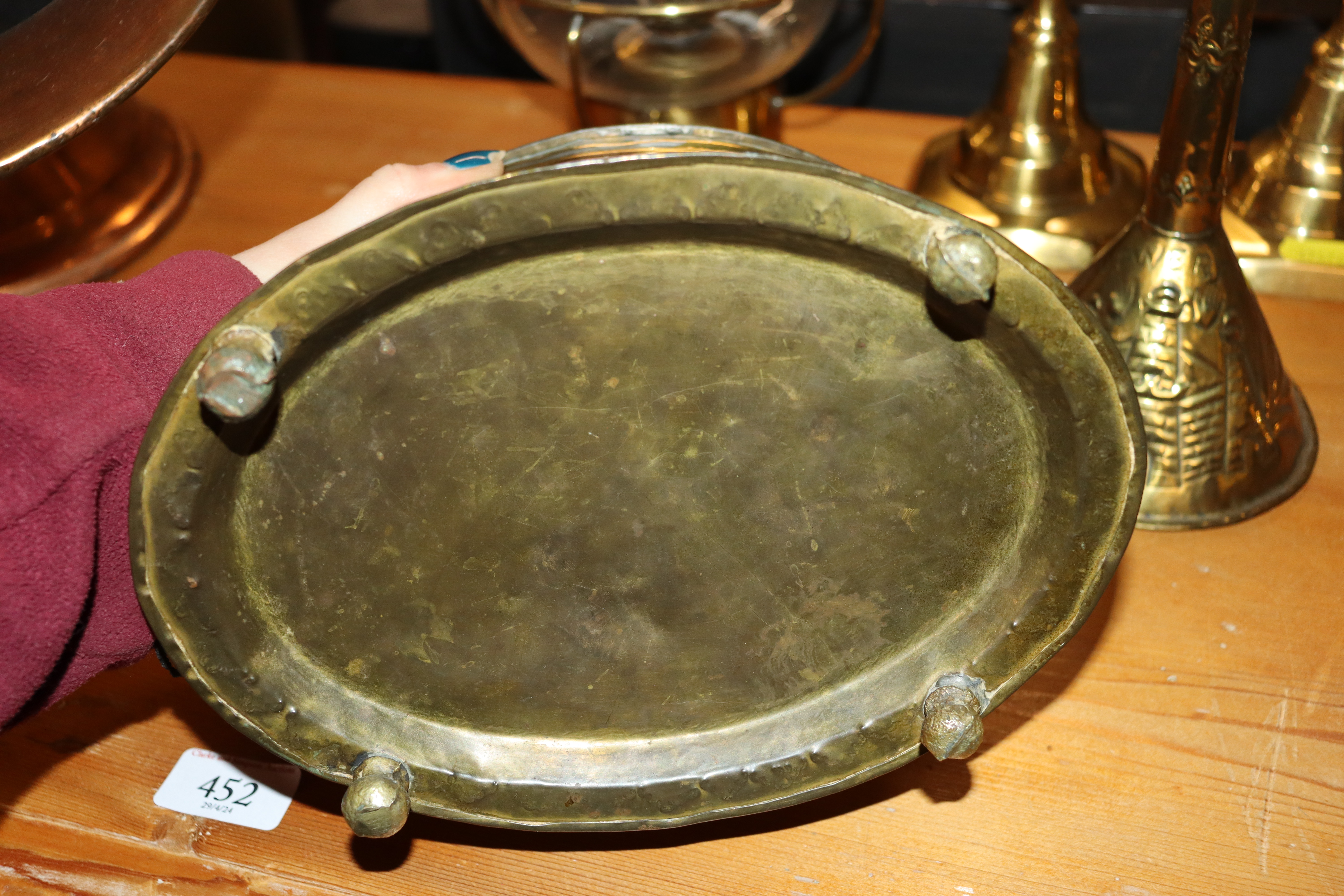An antique copper coal scuttle; a brass engraved b - Image 3 of 5