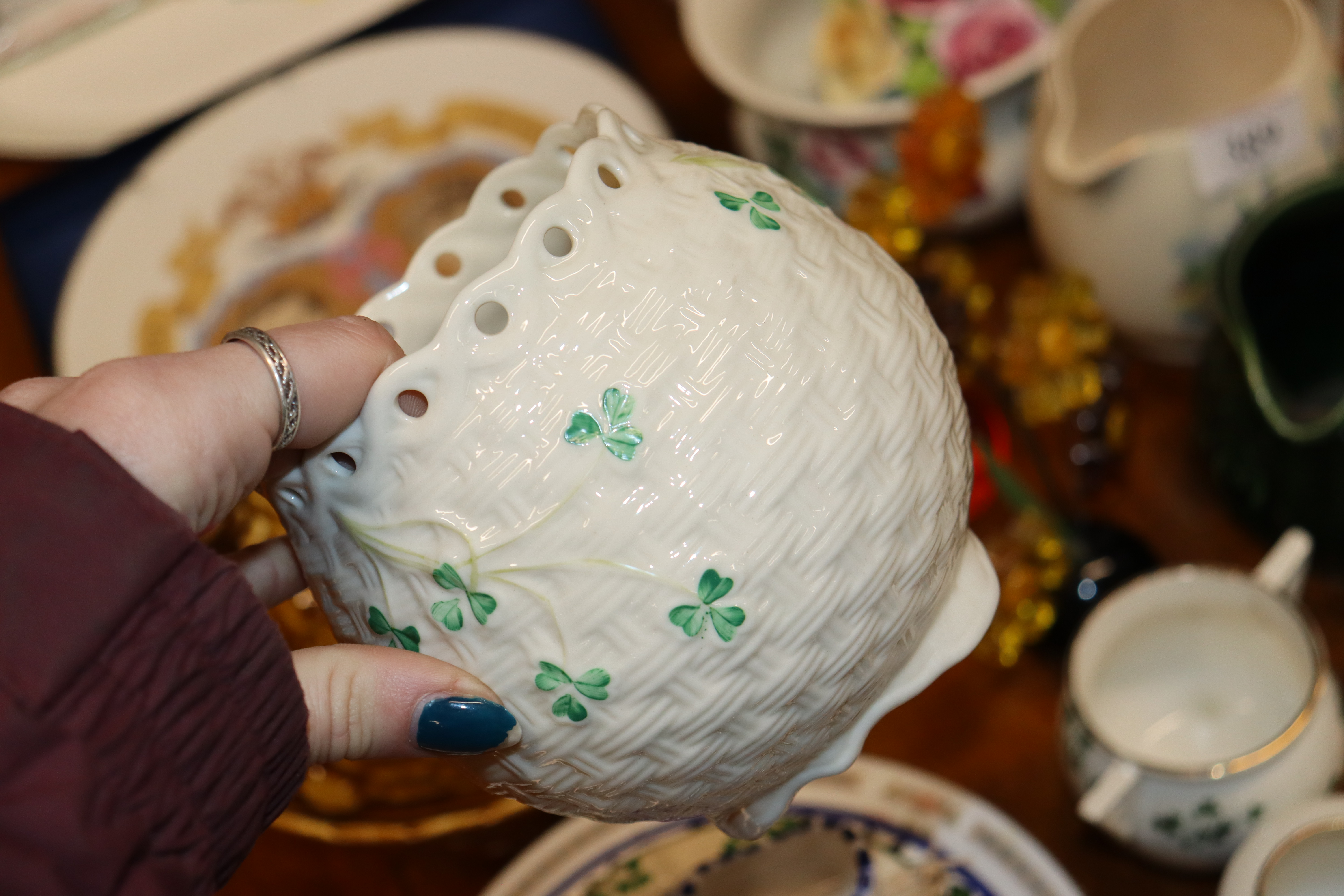 A Belleek porcelain cornucopia vase; another Belle - Image 2 of 5