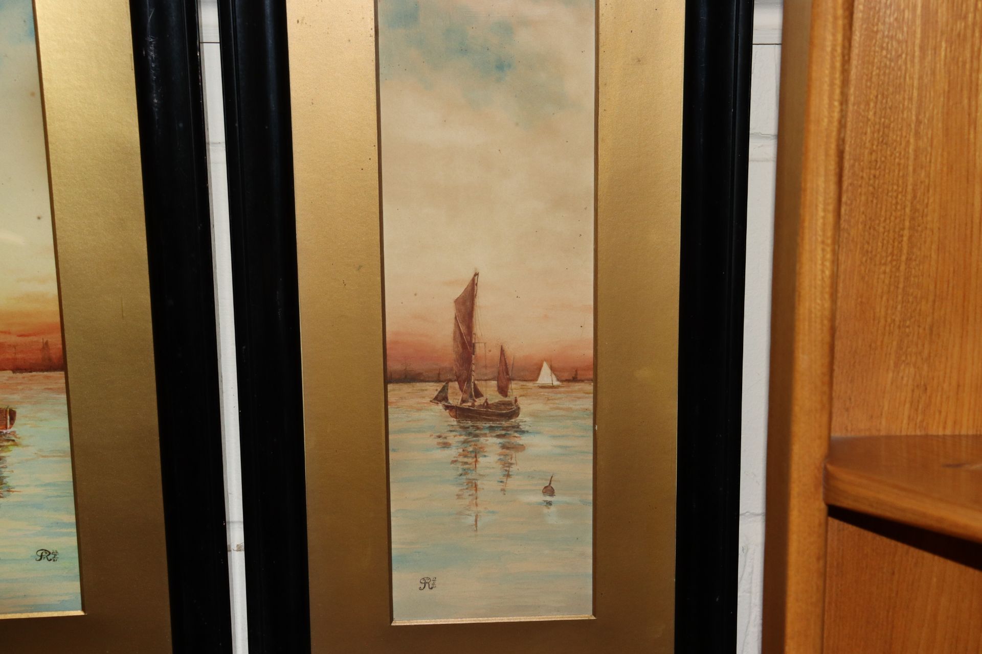 A pair of watercolours depicting sailing boats, signed and dated R.R.T. 1921 in ebonised frames - Image 2 of 5