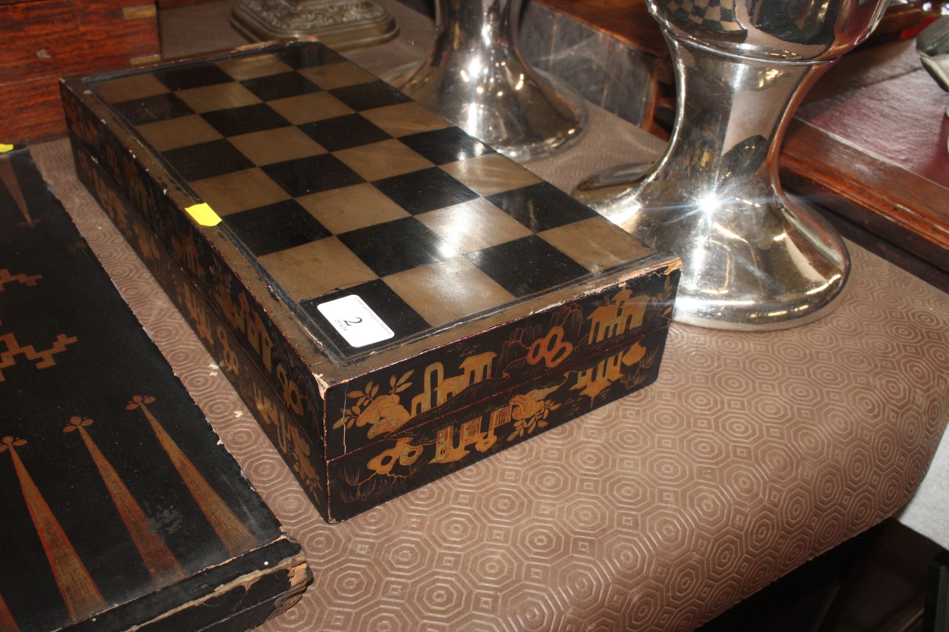 A 19th Century Chinese lacquered folding backgammo - Image 2 of 12