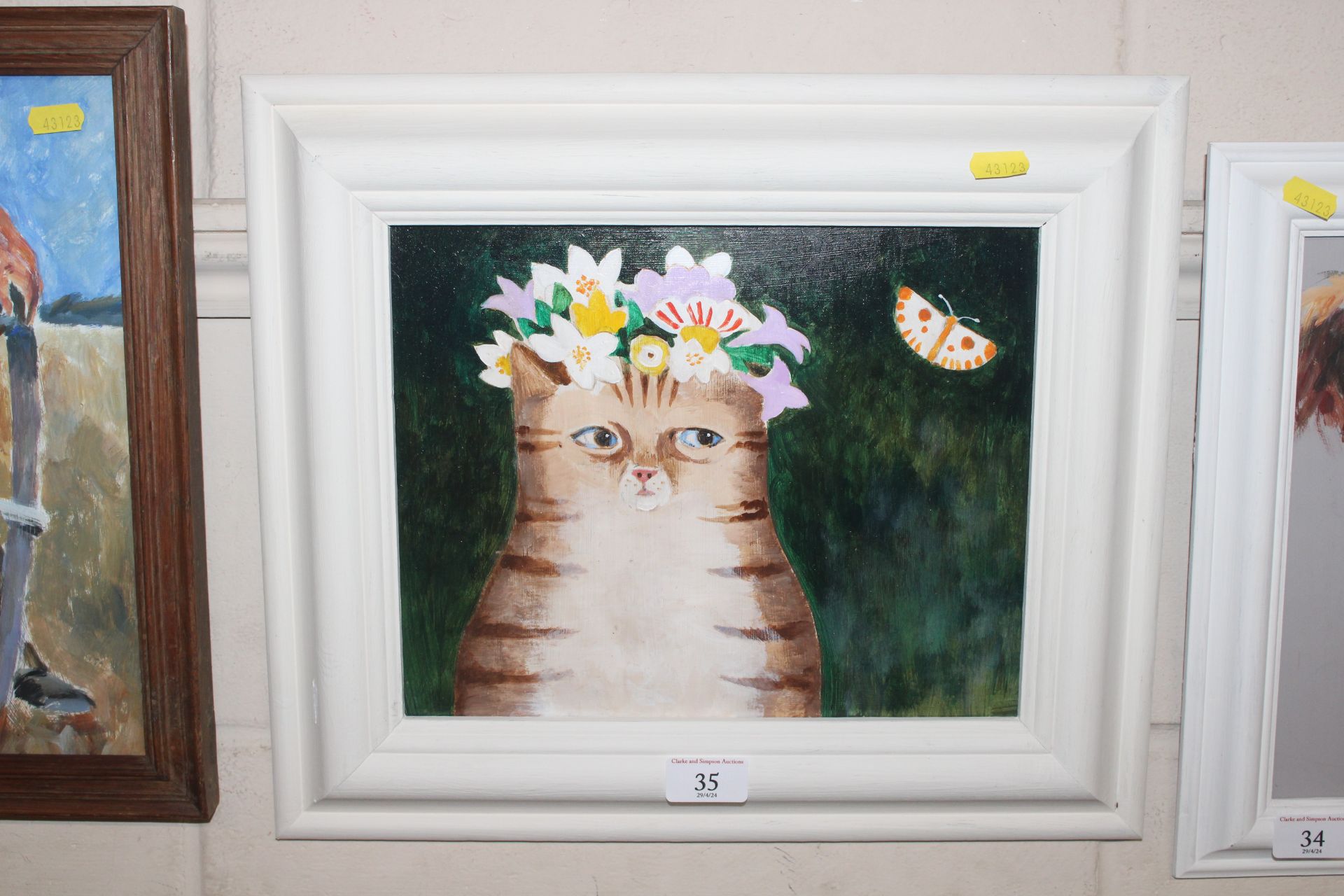 Unsigned acrylic, study of cat and butterfly