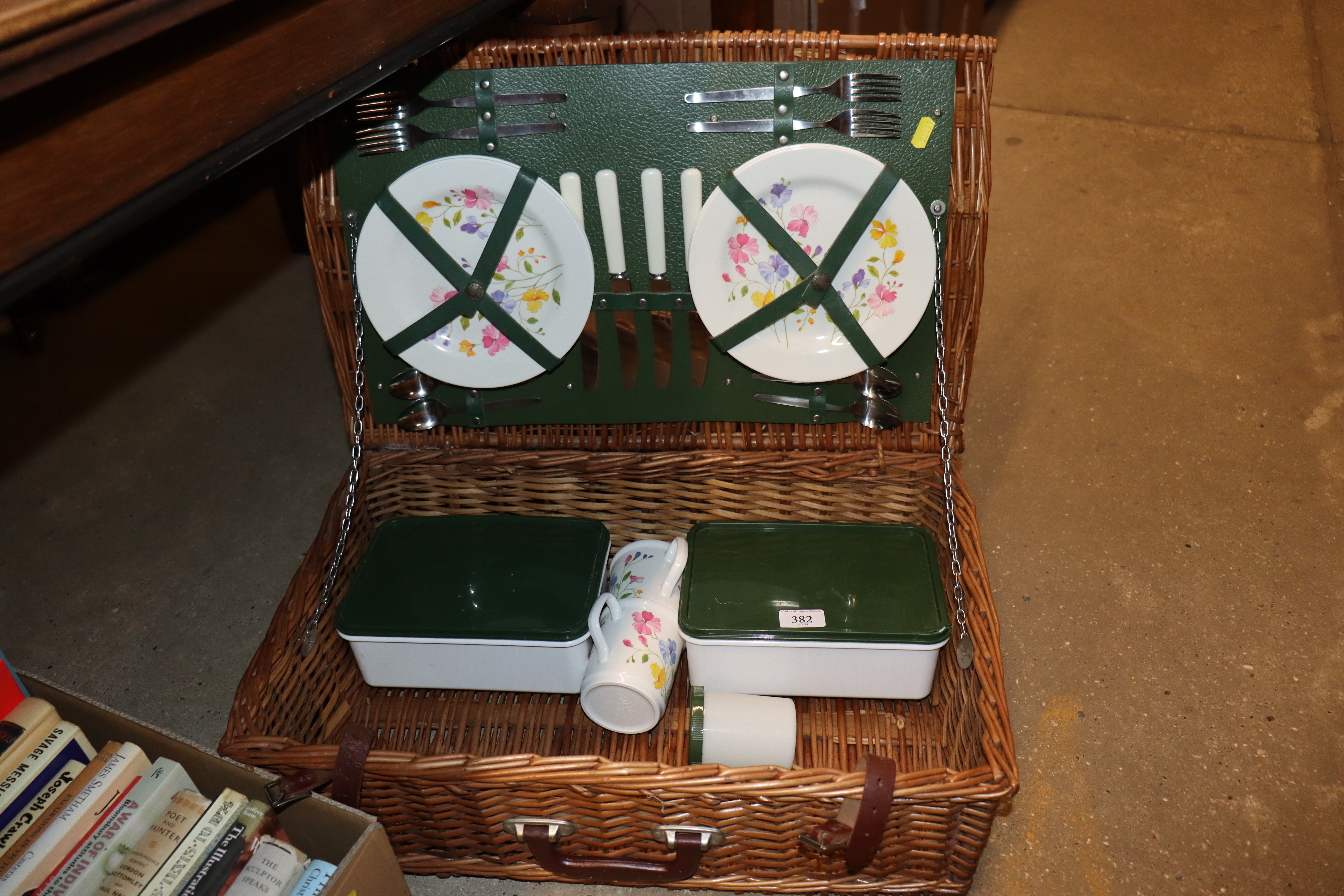 A wicker picnic basket