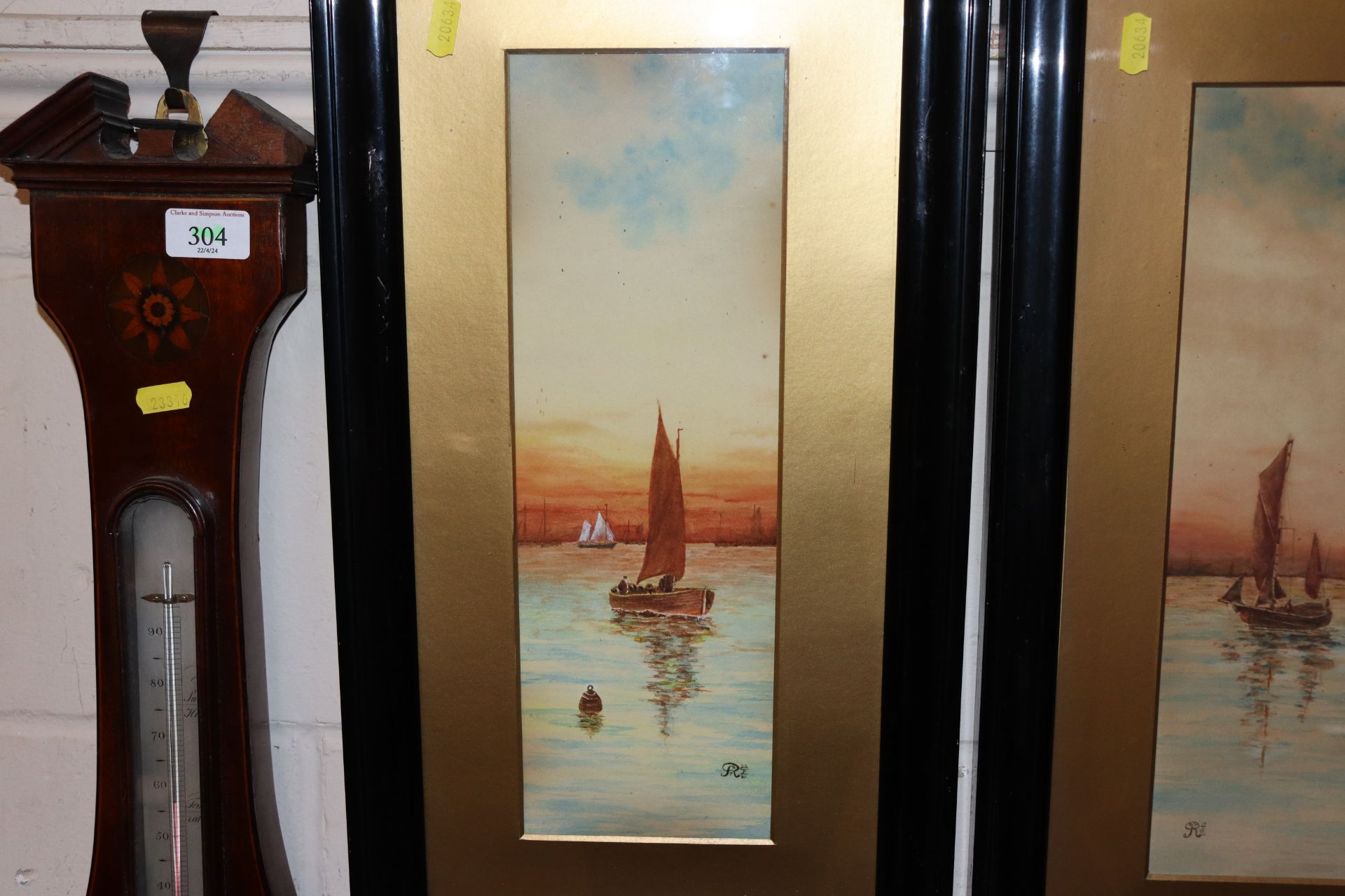 A pair of watercolours depicting sailing boats, signed and dated R.R.T. 1921 in ebonised frames - Image 4 of 5