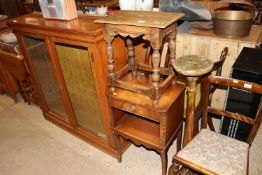 An oak joint stool; a mahogany two tier bedside ta