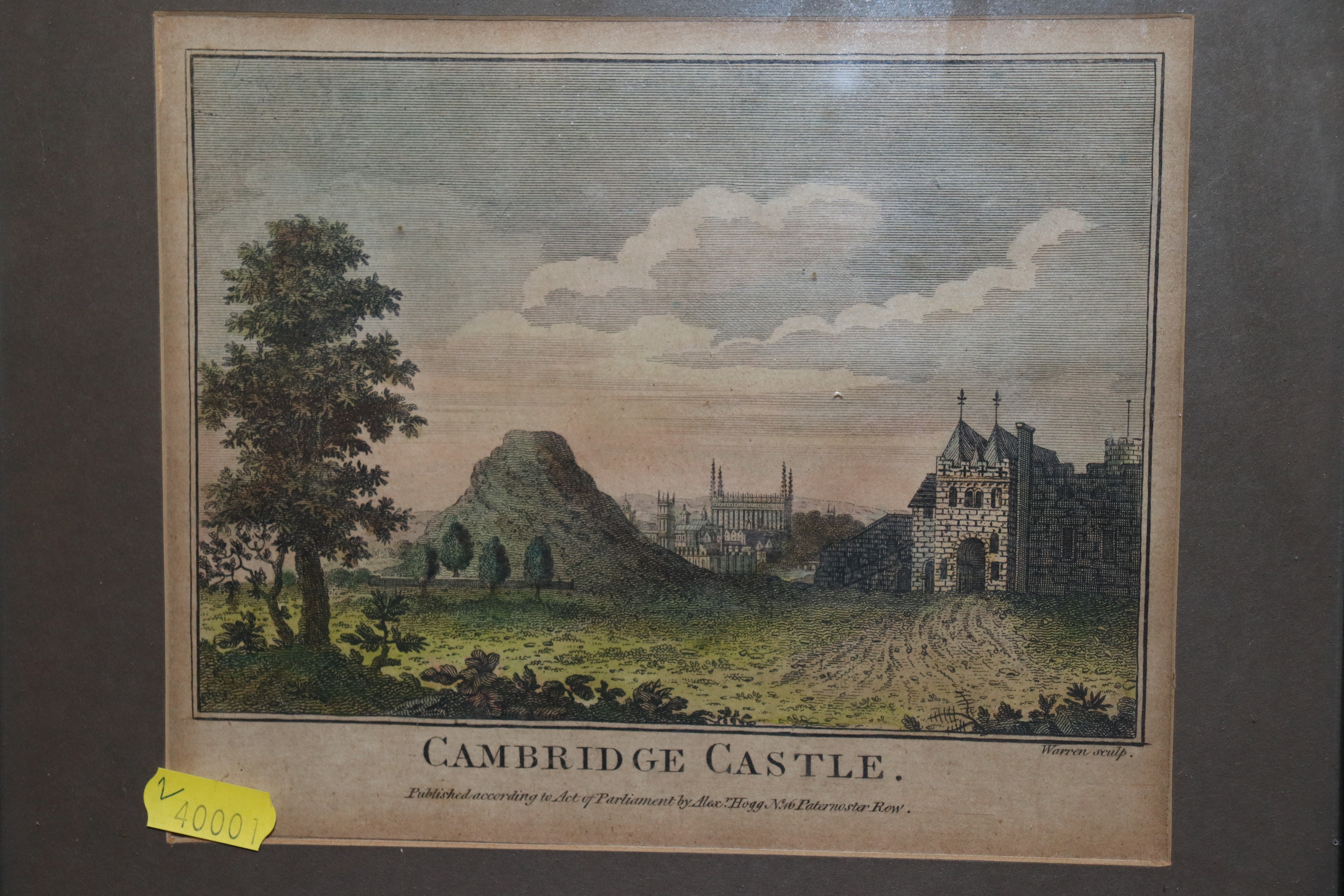 An antique coloured print, Cambridge Castle, label - Image 2 of 3