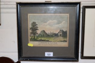 An antique coloured print, Cambridge Castle, label