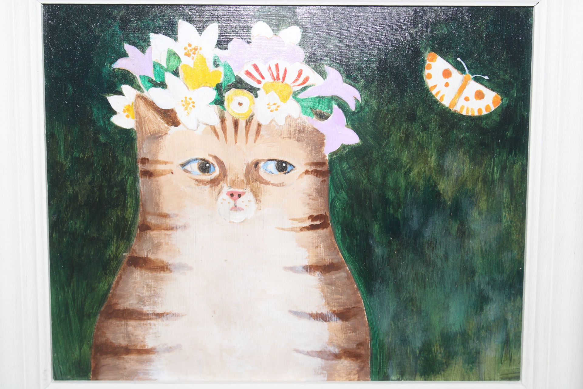 Unsigned acrylic, study of cat and butterfly - Image 2 of 2