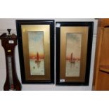 A pair of watercolours depicting sailing boats, signed and dated R.R.T. 1921 in ebonised frames