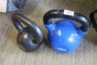 Two kettlebell weights (16kg and 8kg)