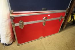 A large red storage crate