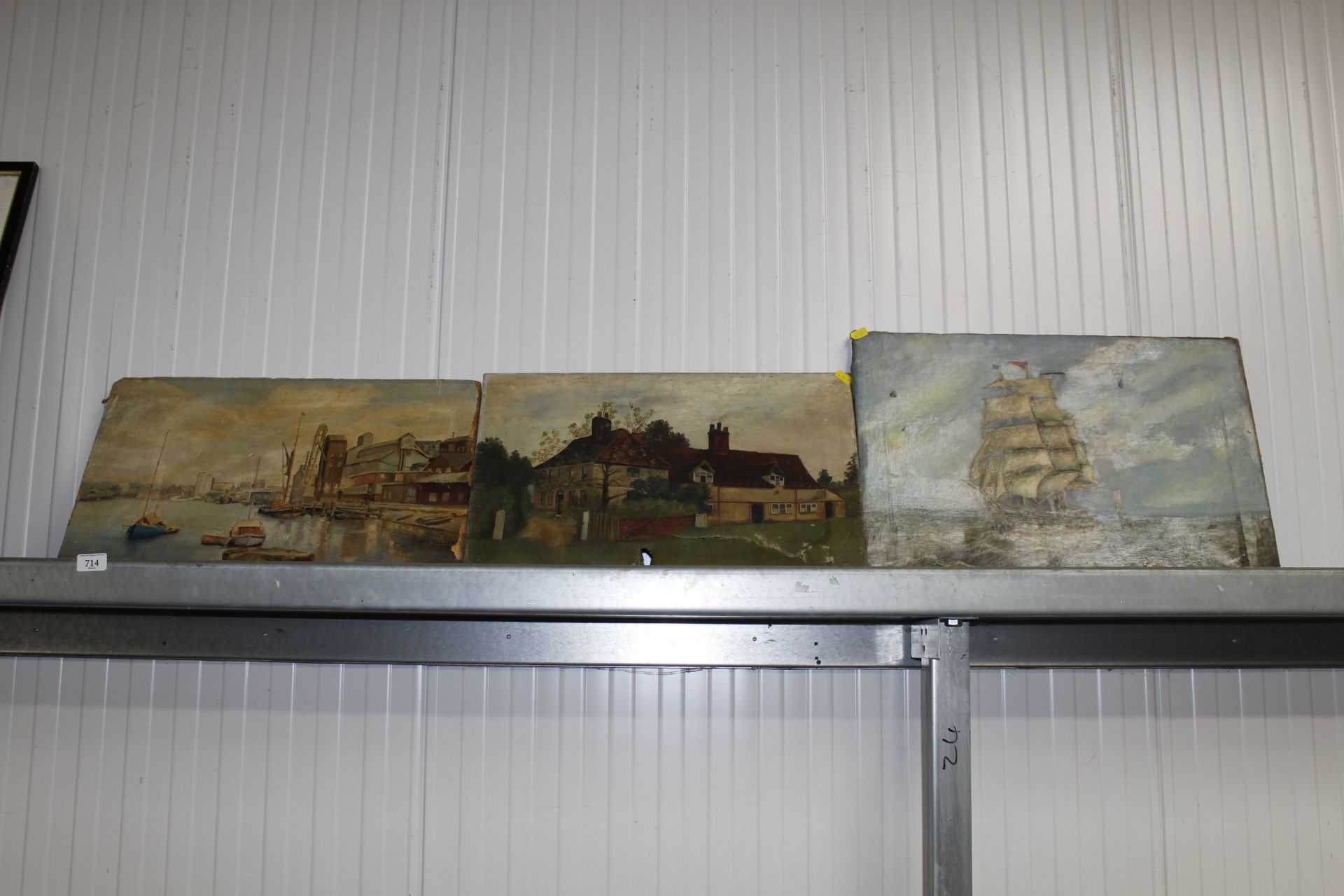 An oil and board study of a dock scene, oil on canvas study of Foxhall Hall AF, and an oil on canvas