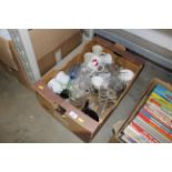 A box of various table glassware, tea ware etc
