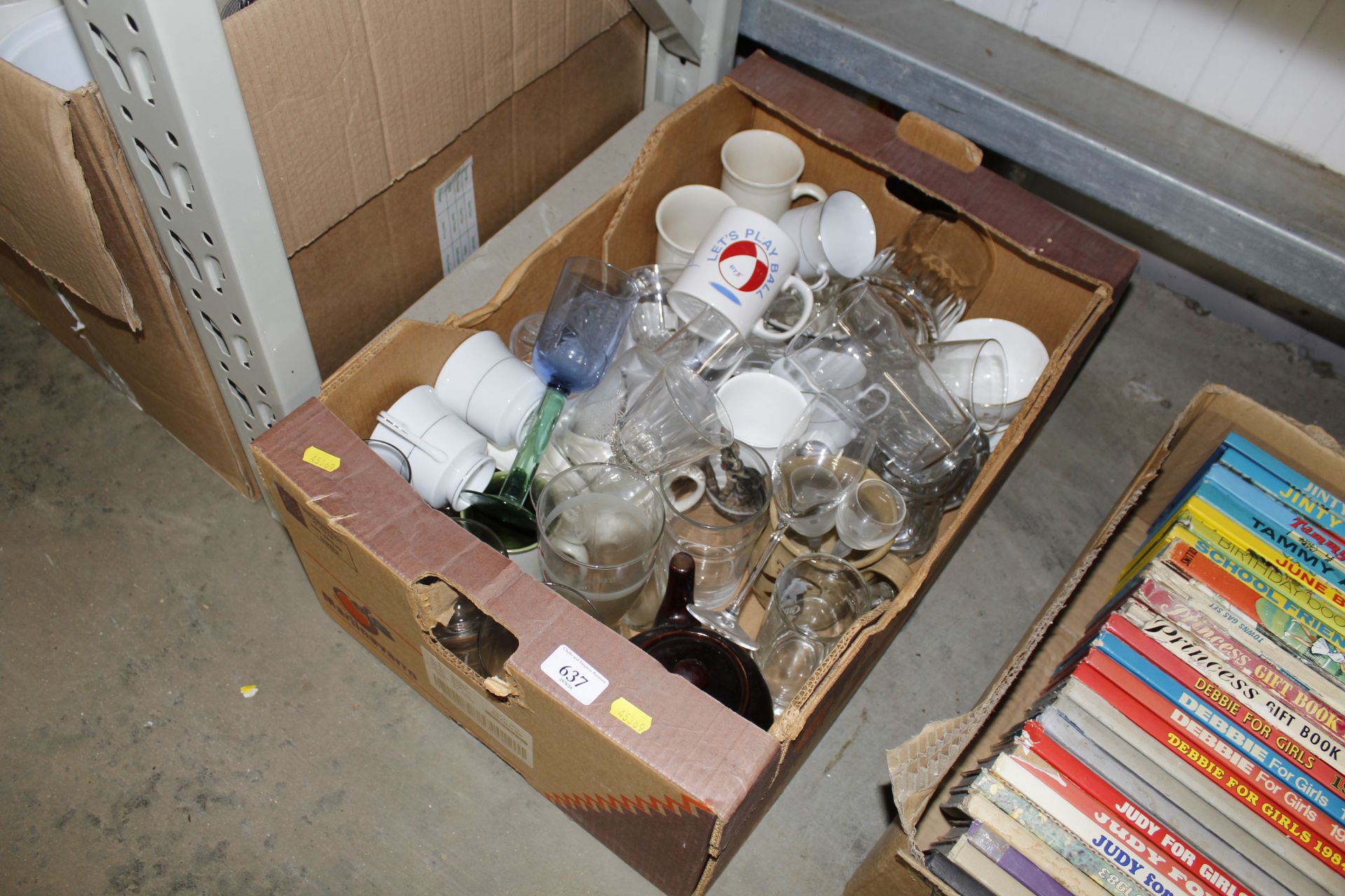 A box of various table glassware, tea ware etc