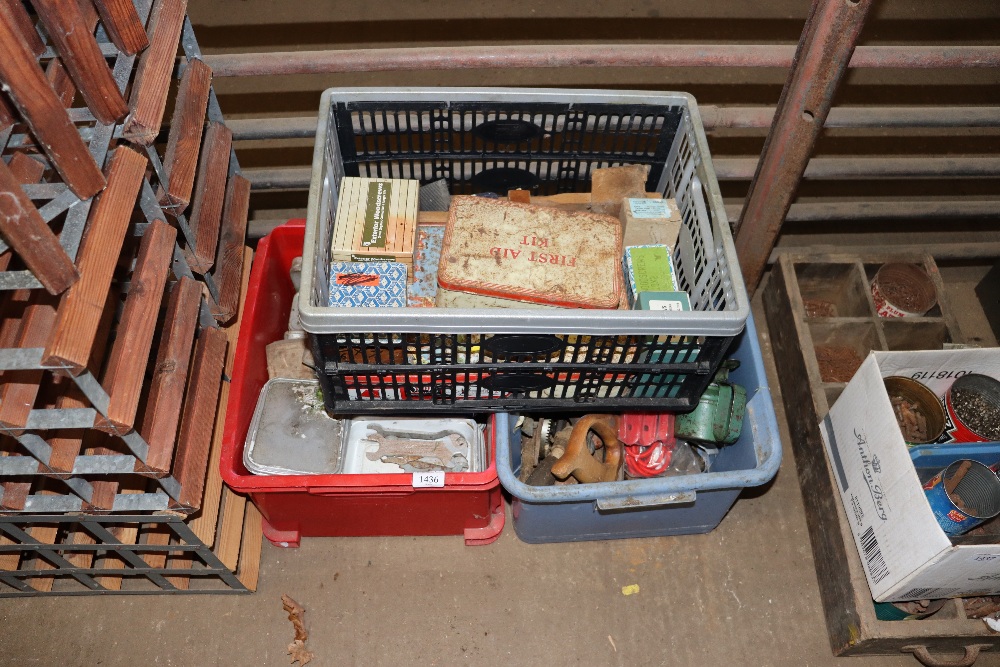 Three boxes of various tools, fixings, hand saws,