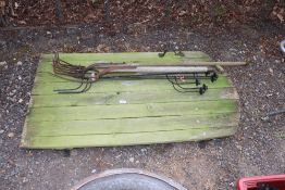A wooden garden gate/door; 2 pitch forks and three