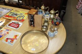 A quantity of brass, tea ware, tray, pottery oil la