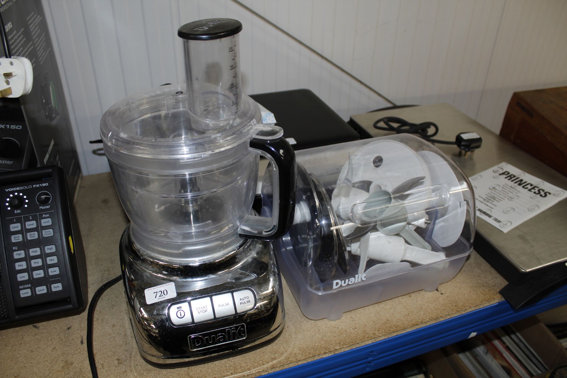 A Dualit food processor with the attachments
