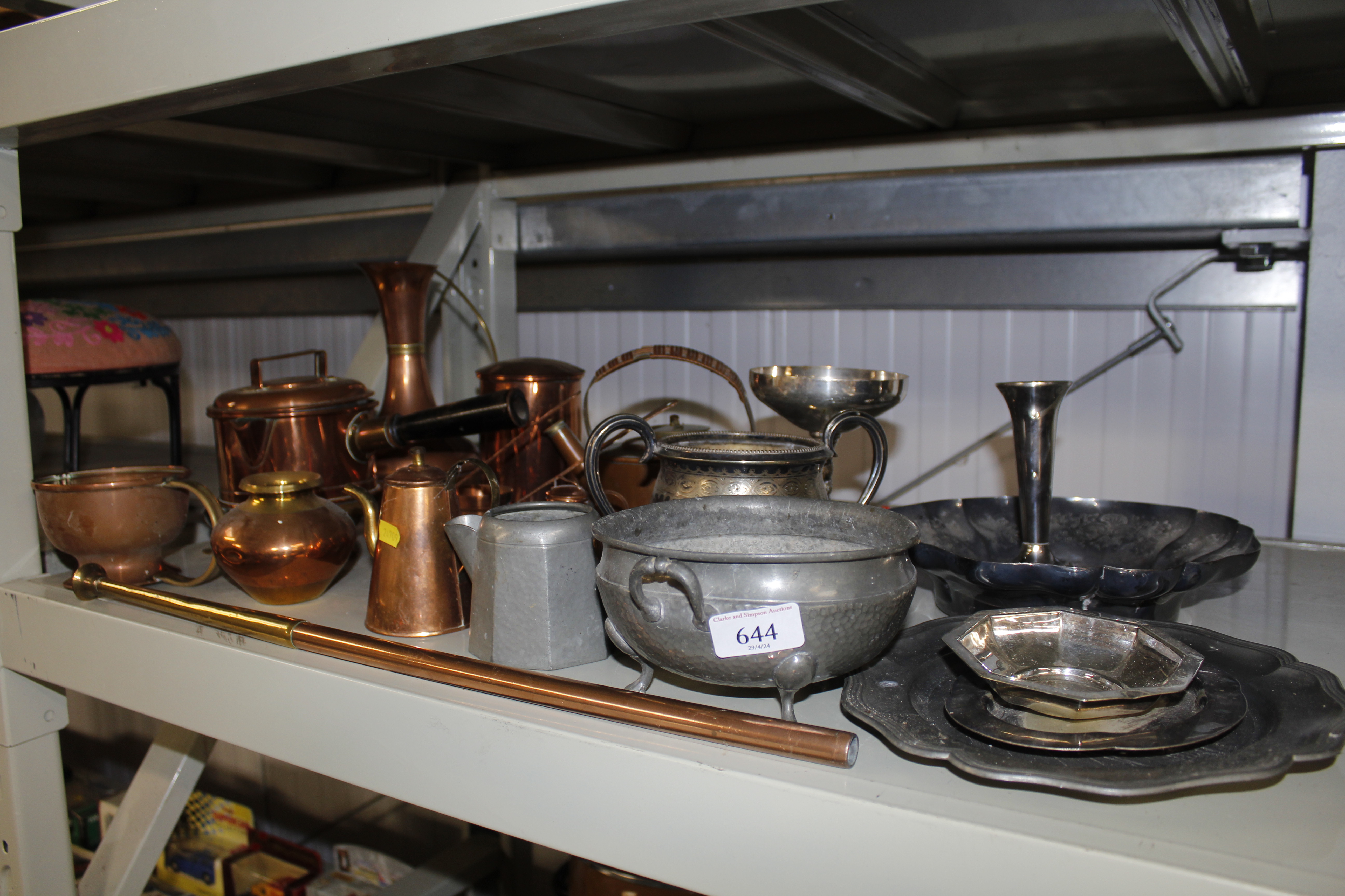 A quantity of various copper pewter and plated ite