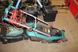 A Bosch IPX4 electric lawnmower with grass collection box