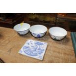 A pair of Chinese blue and white bowls and one oth