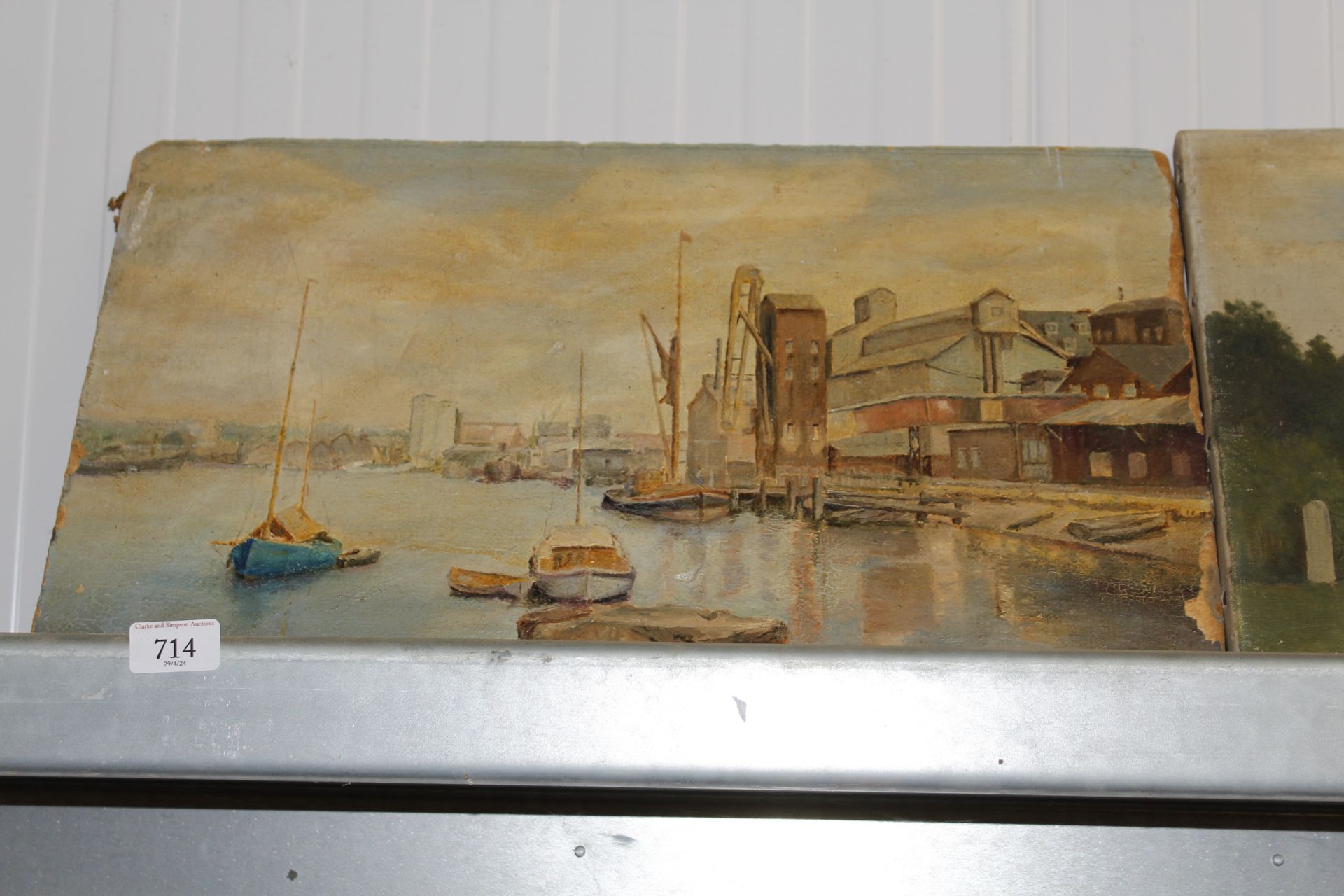 An oil and board study of a dock scene, oil on canvas study of Foxhall Hall AF, and an oil on canvas - Image 4 of 4