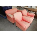 A late Edwardian upholstered two seater drop end settee and pair of matching armchairs