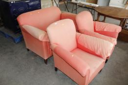 A late Edwardian upholstered two seater drop end settee and pair of matching armchairs