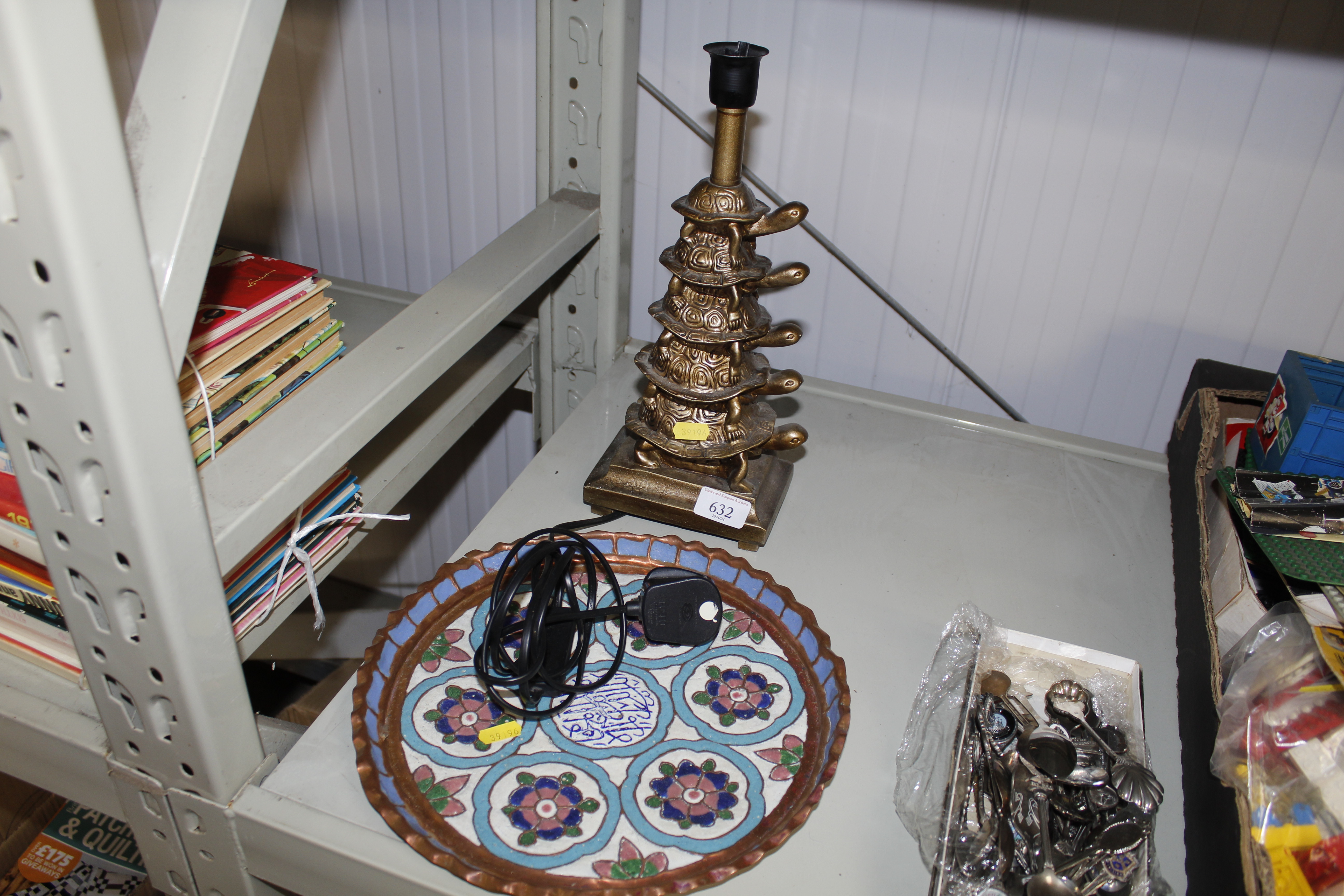 A brass turtle table lamp and a copper and enamell