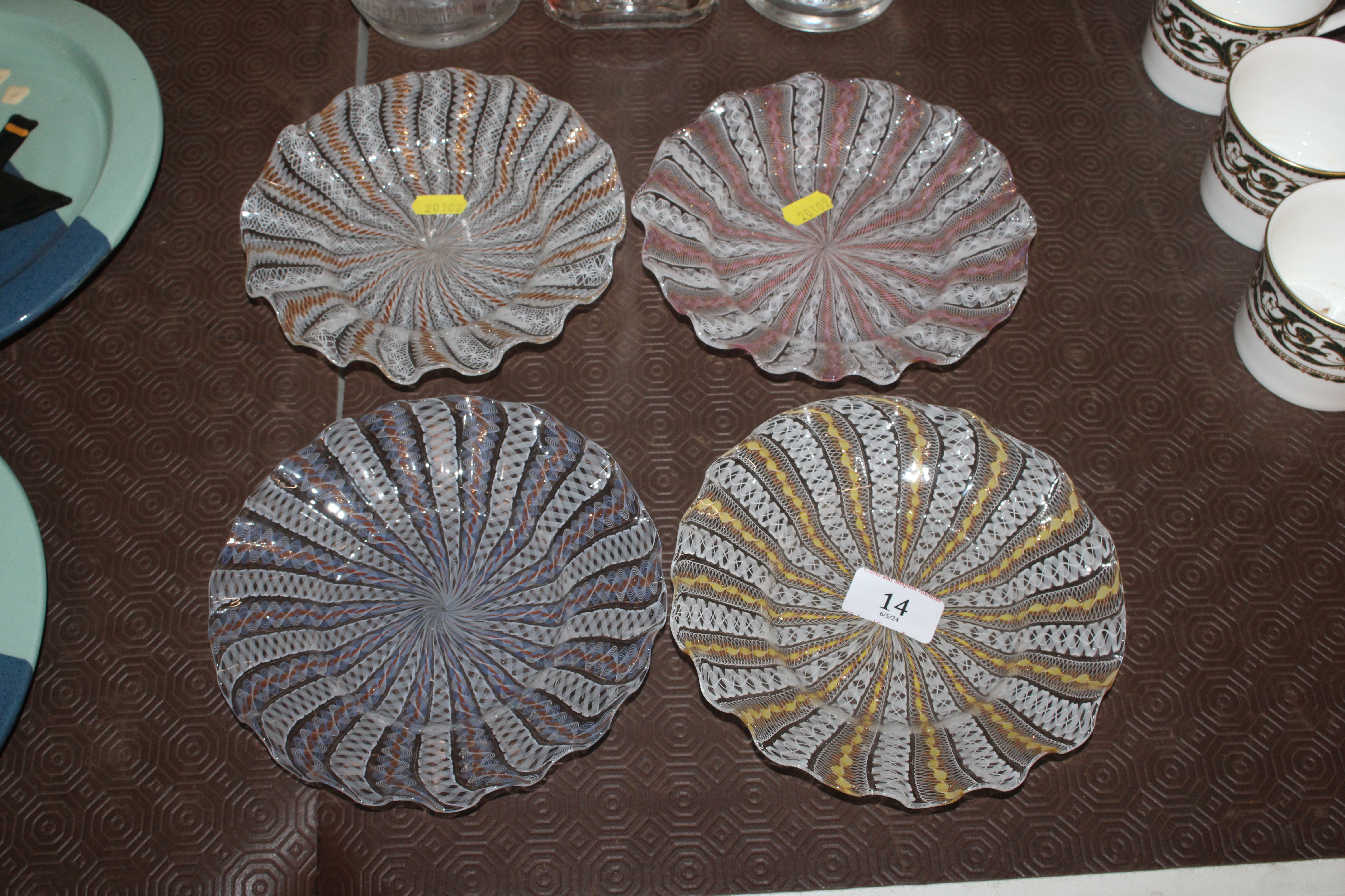 Four Salviati Murano Zanfirico style glass dishes