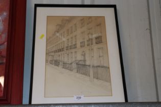 A framed and glazed pencil sketch depicting a Lond