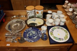 A quantity of silver plated ware; Portmeirion stor