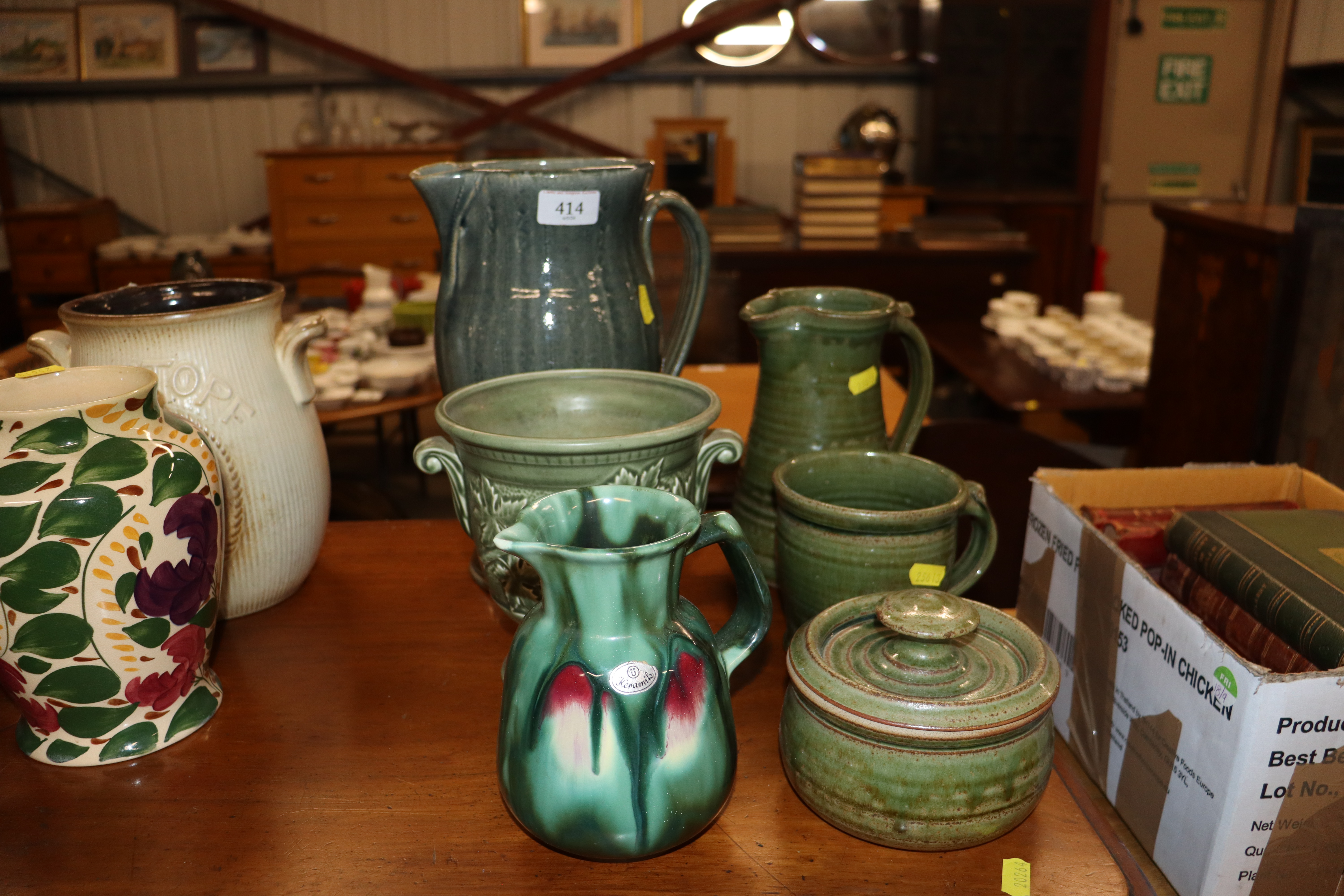 A quantity of Studio pottery to include an A & J Young Norfolk blue glazed jug; a Holkham Pottery
