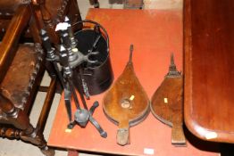 Two oak bellows; fire companion set and coal scutt