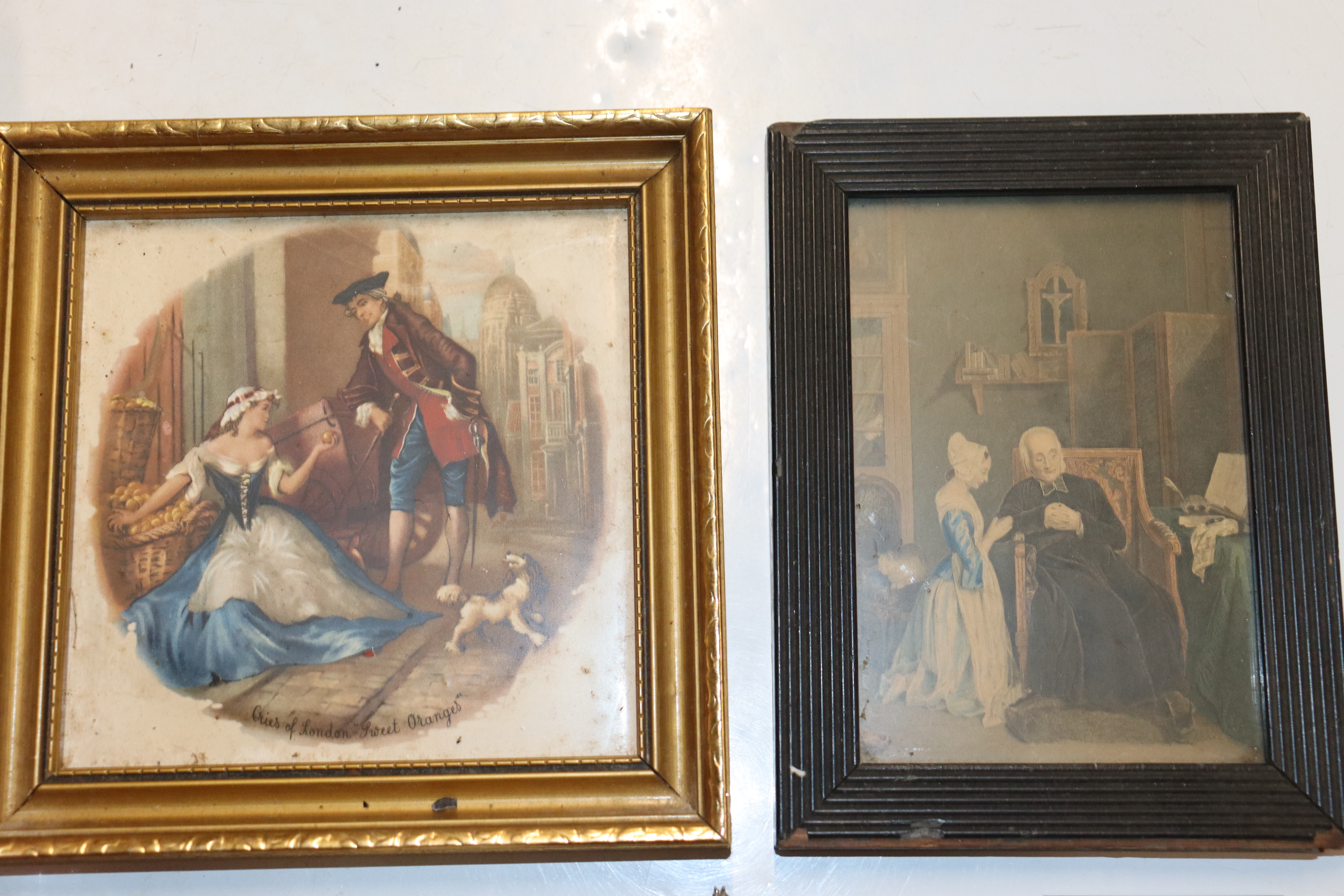 A box containing a gilt framed tile; framed prints - Image 2 of 19