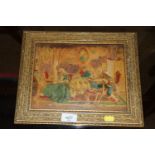 An overpainted print on panel contained in gilt fr