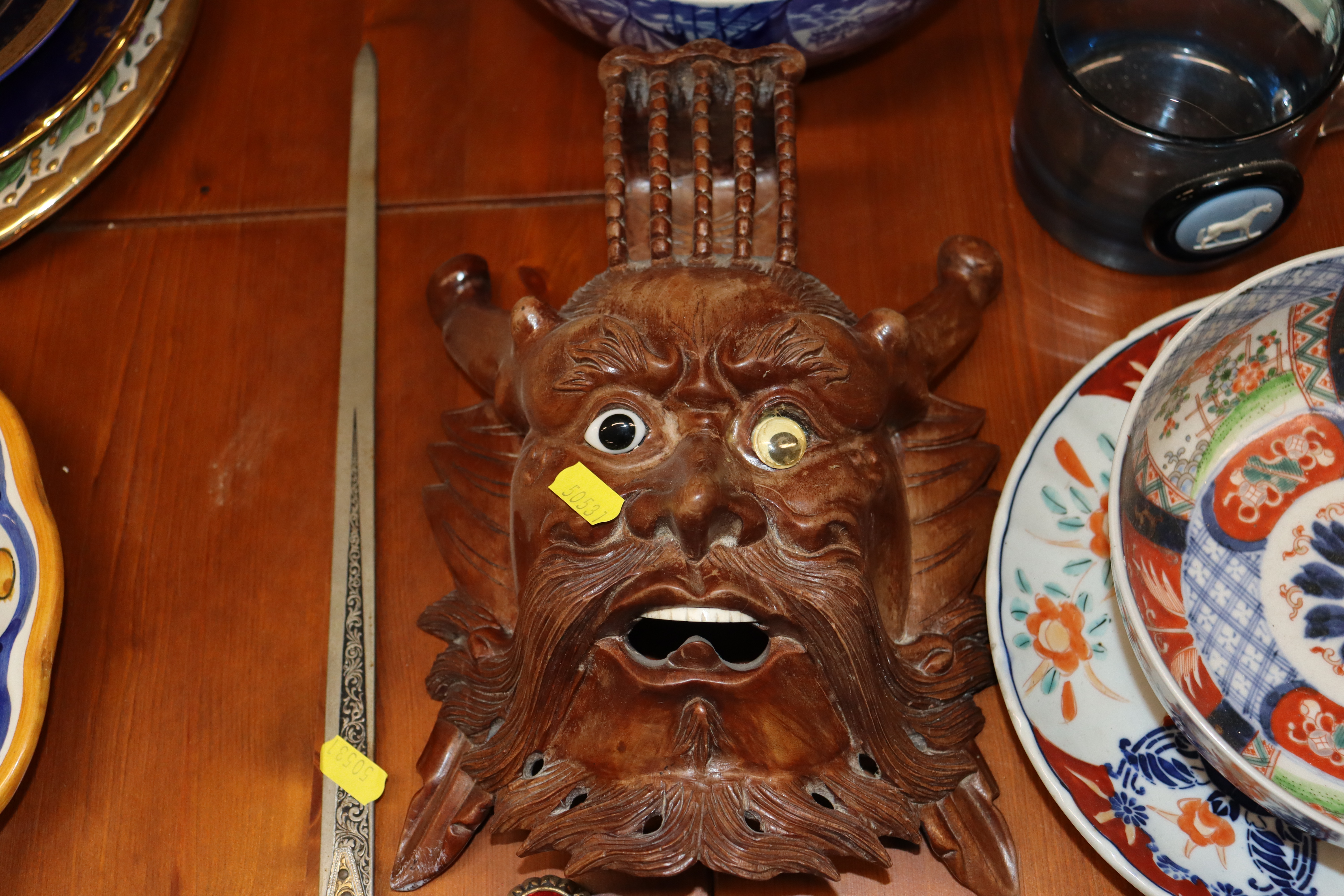 A carved Oriental face mask AF; various Oriental c - Image 14 of 14