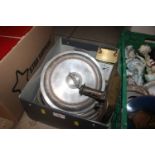 A box containing silver plate and a quartz mantel