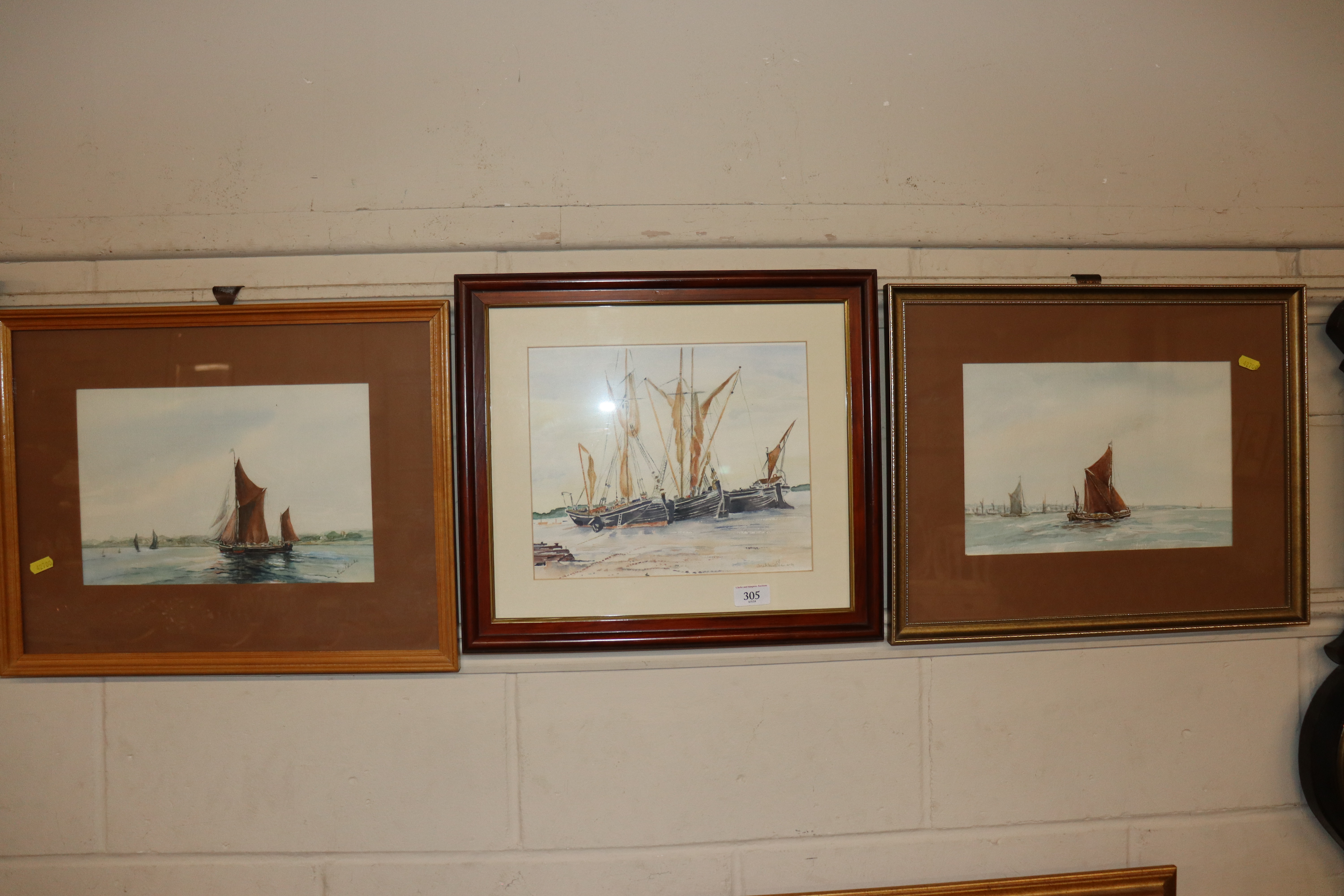 Three watercolours depicting Thames River Barges