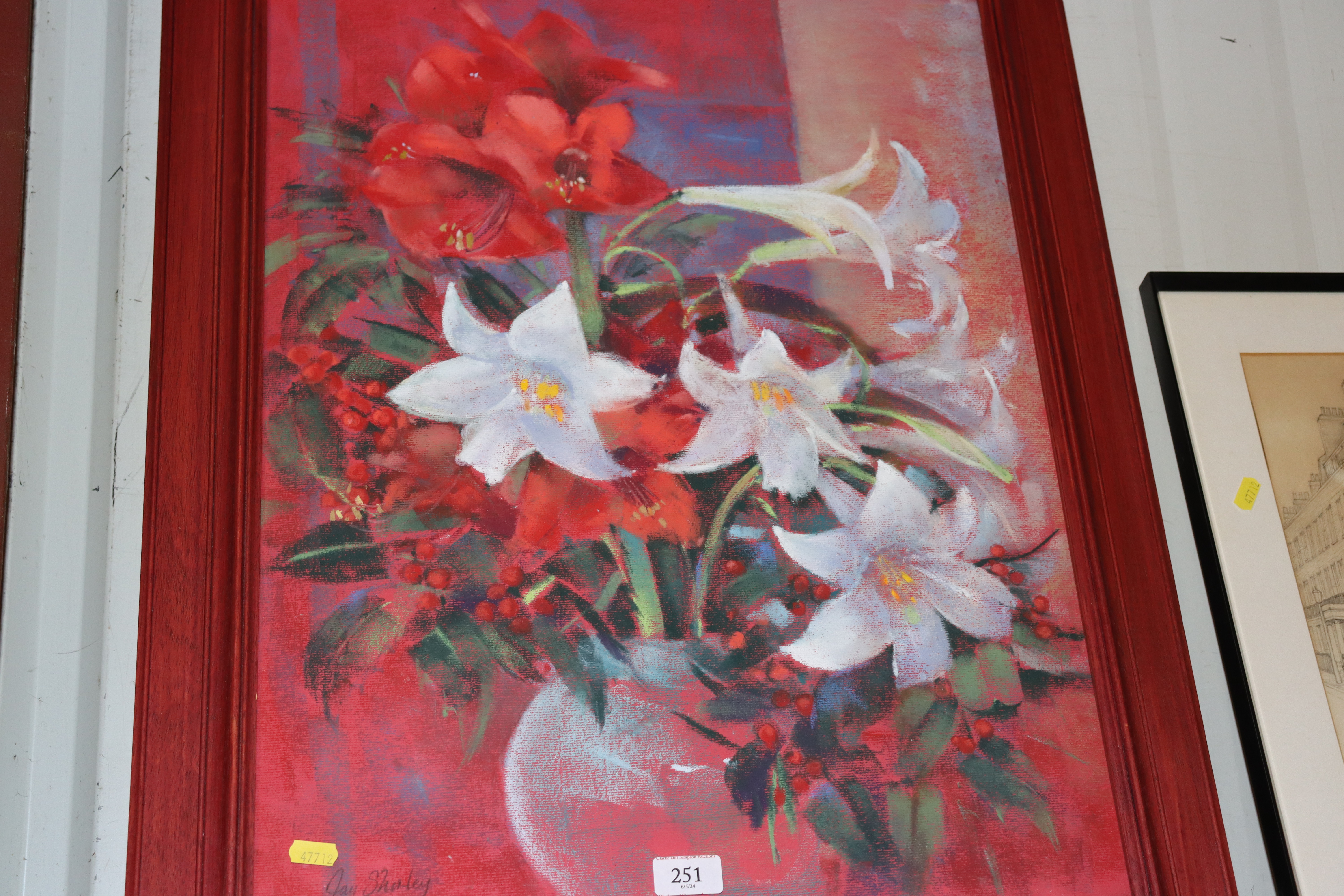 A framed and glazed pastel study of lilies, signed - Image 2 of 3