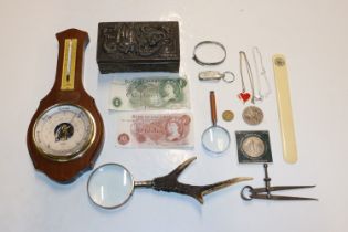 A box containing a barometer, trinket box, magnify