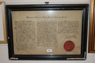 Framed and glazed warrant to execute Mary Stewart