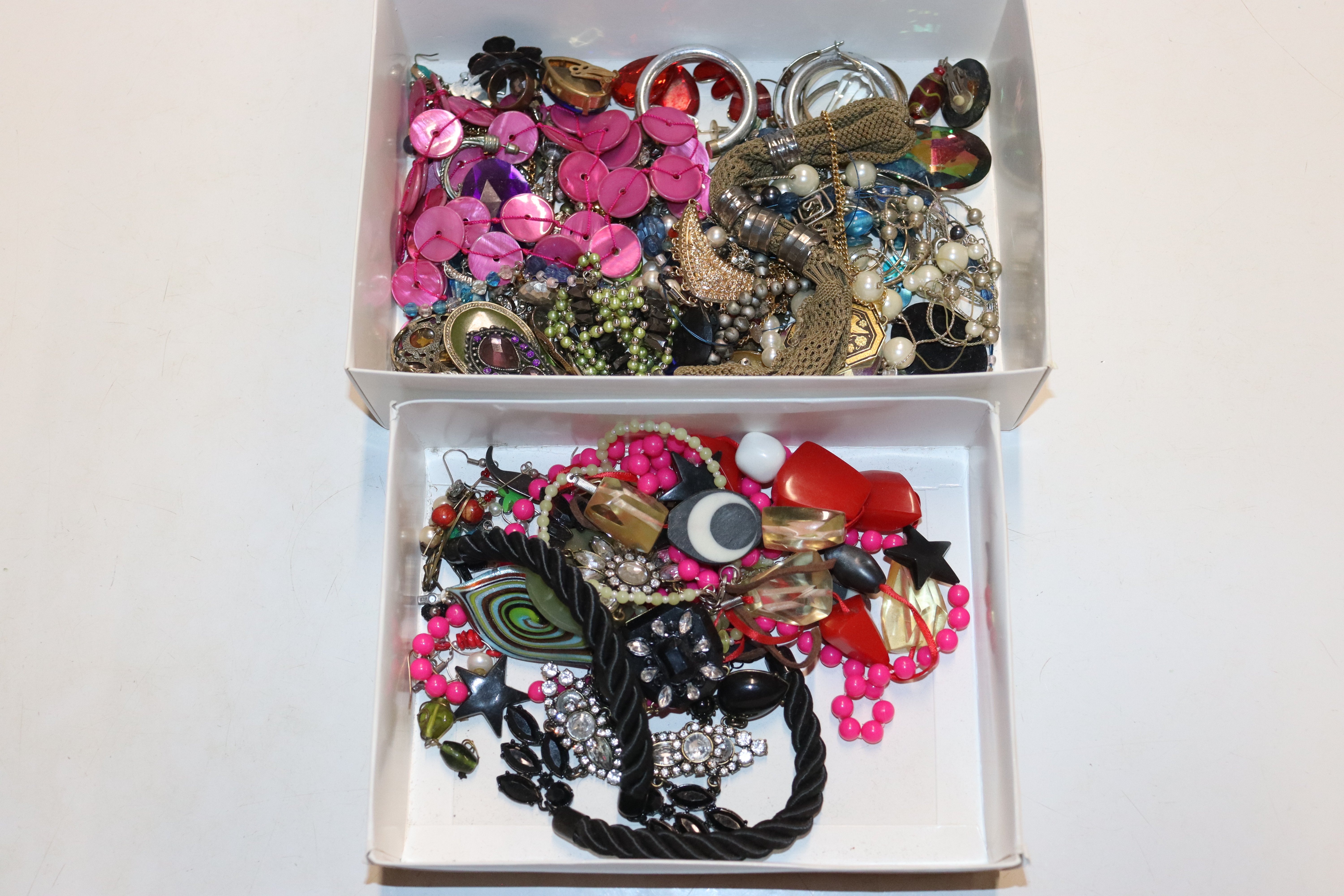 Two boxes of various costume jewellery including n