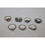 Seven Sterling silver rings to include diamond, ru