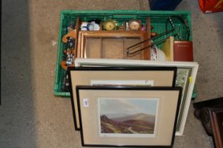 A box of miscellaneous prints, cutlery etc.