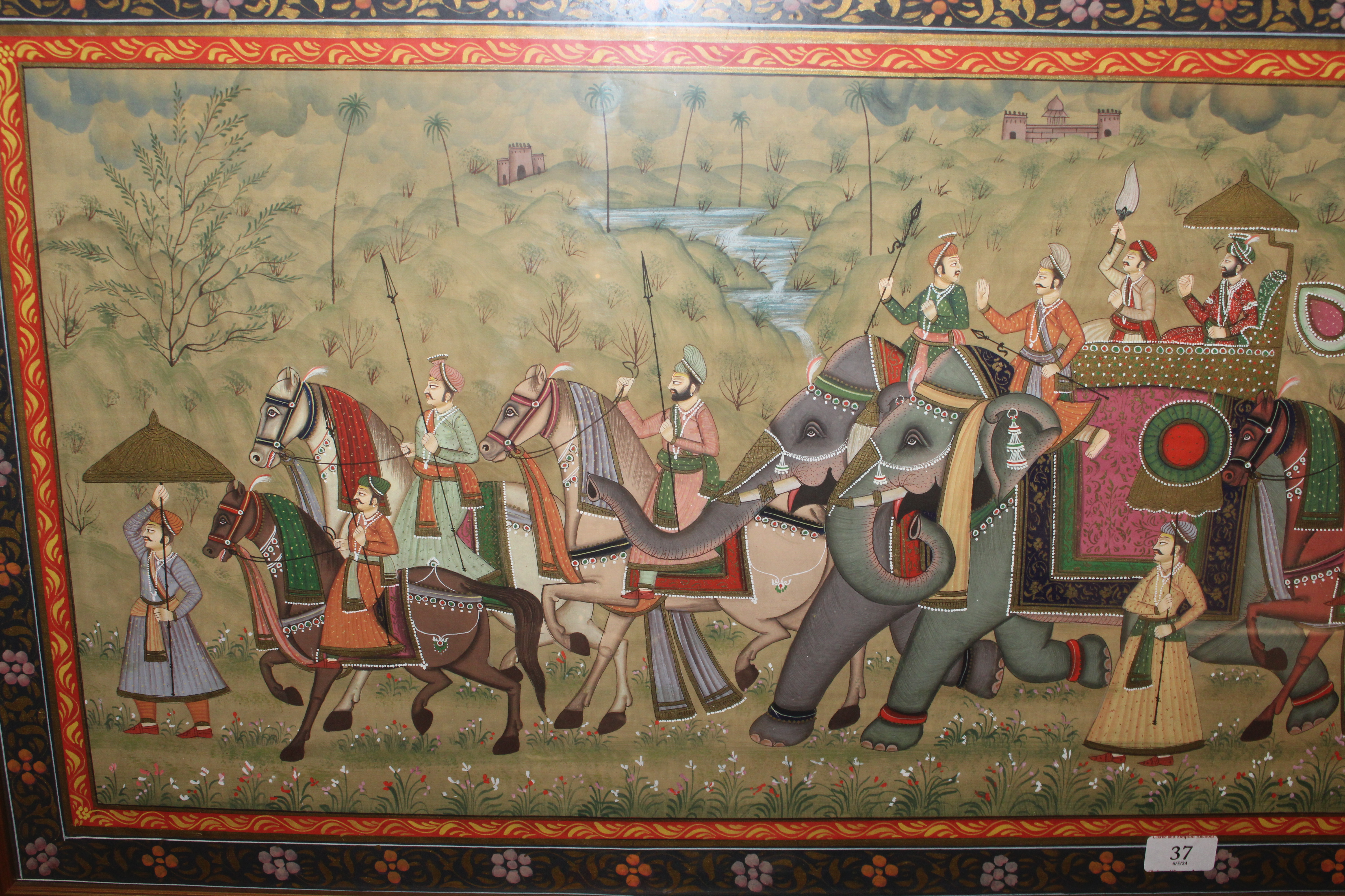 A large framed and glazed Indian silk painting - Image 2 of 5