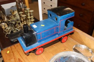 A wooden toy train