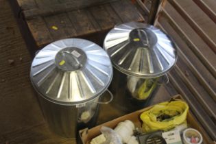 Two aluminium dustbins with twin handles and lids