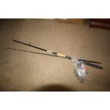 A Red Wolf two piece fishing rod with various reel